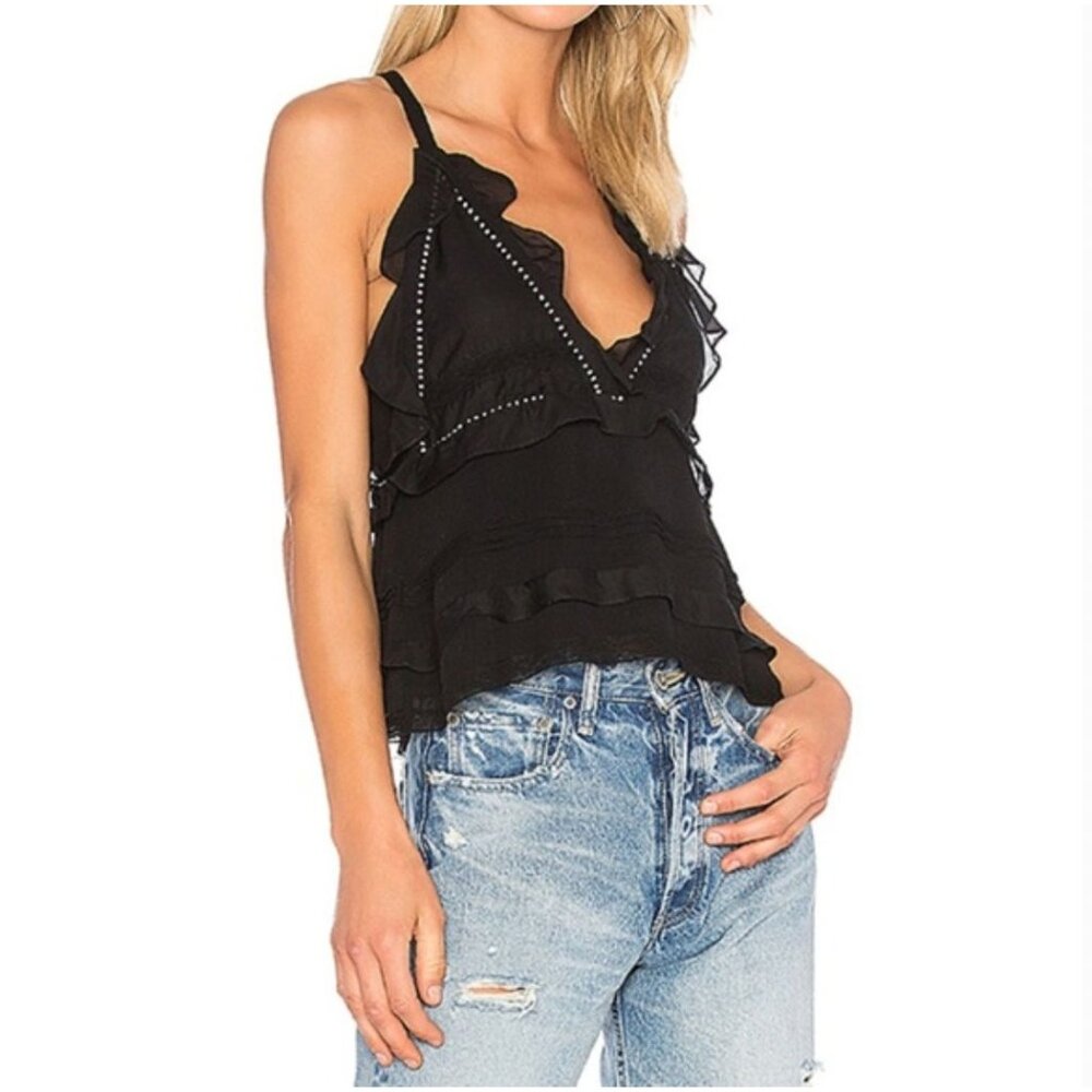 IRO Ecka Tank 36 S Black Feminine Ruffled V Neck Cross Back Lace Feminine Dainty